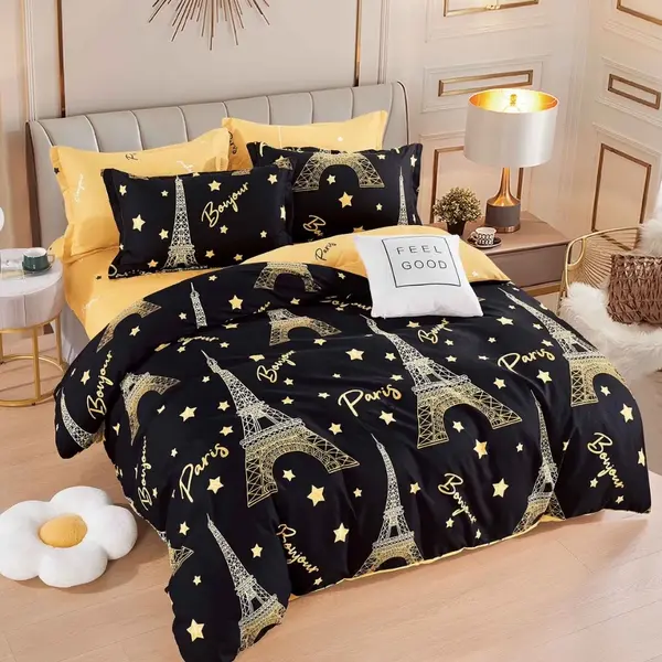 Lenjerie pat dublu, FINET, 6 piese, Jojo Home, Negru, Galben, Turnul Eiffel