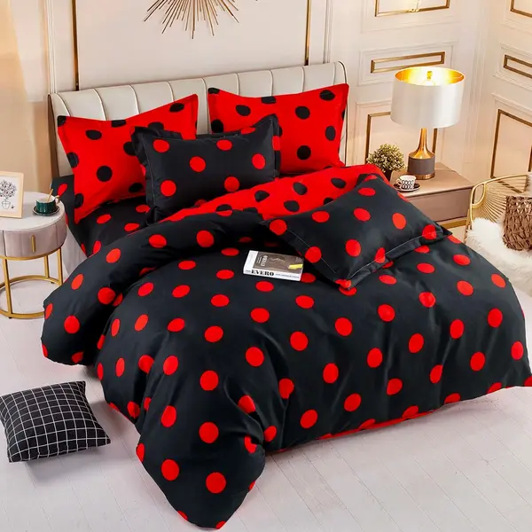 Lenjerie pat dublu, FINET, 6 piese, Jojo Home, Negru-Rosu, buline