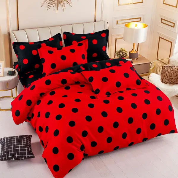 Lenjerie pat dublu, FINET, 6 piese, Jojo Home, Rosu-Negru, buline