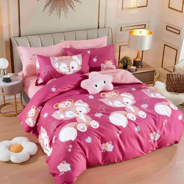 Lenjerie pat dublu, FINET, 6 piese, Jojo Home, Roz, vulpite, ursuleti