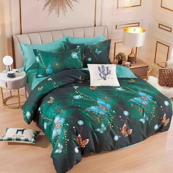Lenjerie pat dublu, FINET, 6 piese, Jojo Home, Verde, fluturi