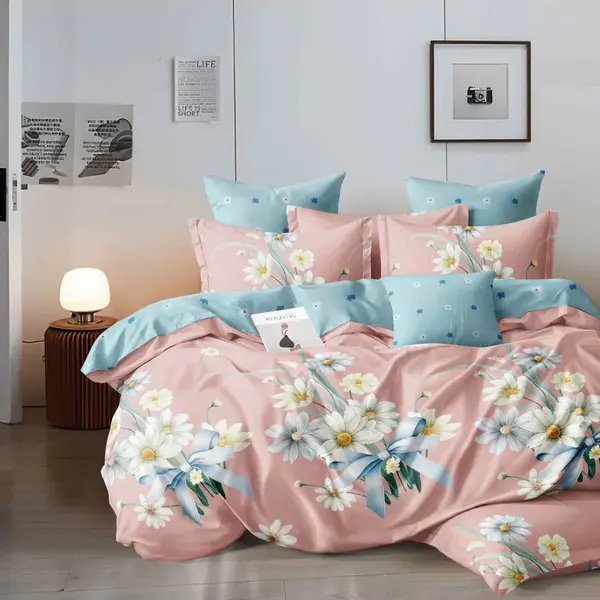 Lenjerie pat dublu, Finet, 6 piese, Roz, Bleu, flori