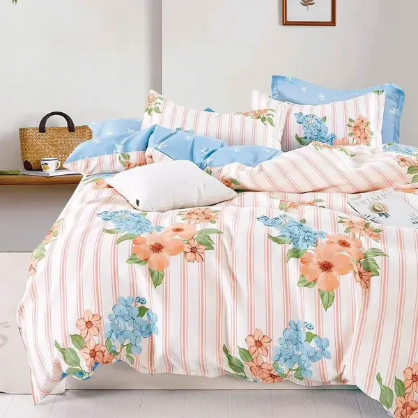Lenjerie pat dublu, Finet, 6 piese, Roz, Bleu, flori