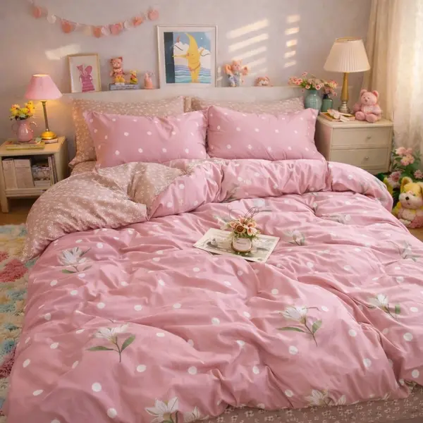 Lenjerie pat dublu, Finet, 6 piese, Roz, flori, buline