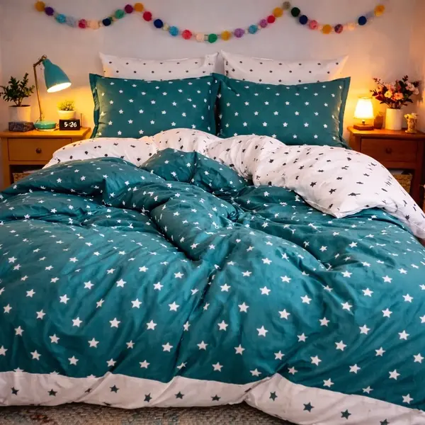Lenjerie pat dublu, Finet, 6 piese, Turquoise, stelute