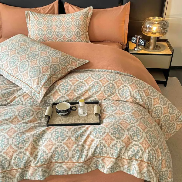 Lenjerie pat dublu, FINET DeLuxe, 6 piese, cu ELASTIC, Jojo Home, Cutie Eleganta, Somon, Model Elegant