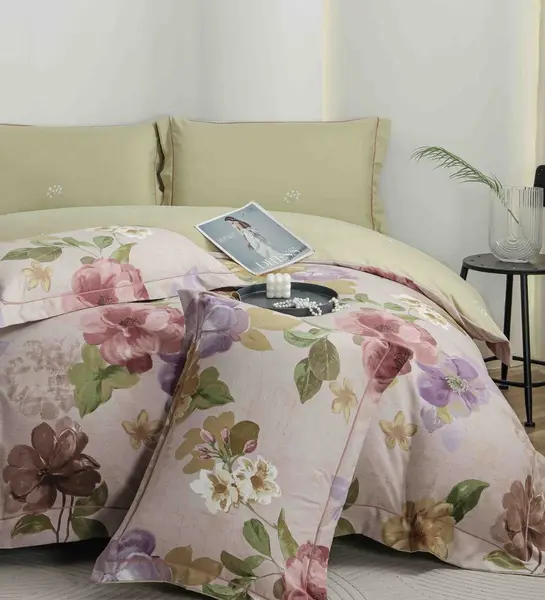 Lenjerie pat dublu, FINET DeLuxe, 6 piese, cu ELASTIC, Jojo Home, Cutie Eleganta, Lila, Verde, Flori