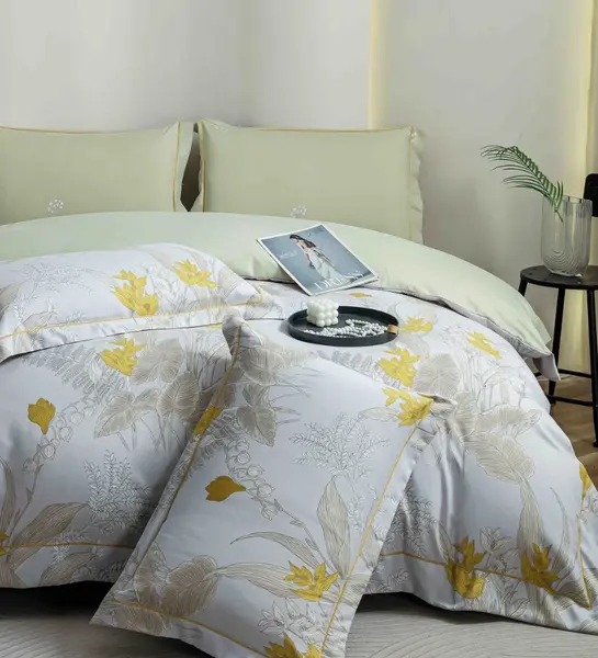 Lenjerie pat dublu, FINET DeLuxe, 6 piese, cu ELASTIC, Jojo Home, Cutie Eleganta, Alb, Vernil, Flori