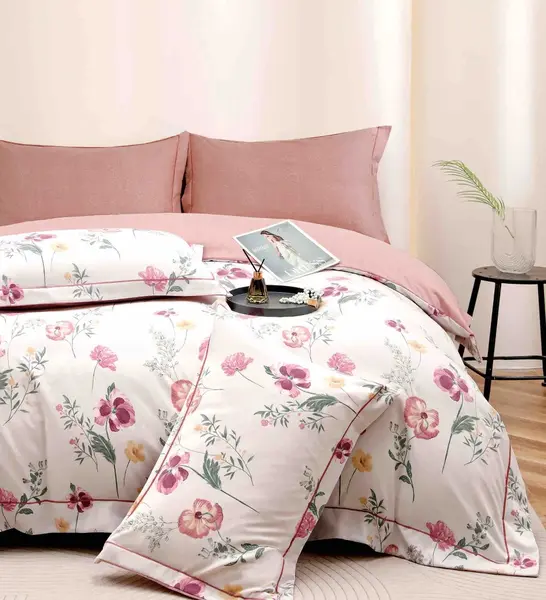 Lenjerie pat dublu, FINET DeLuxe, 6 piese, cu ELASTIC, Jojo Home, Cutie Eleganta, Alb, Roz, Flori