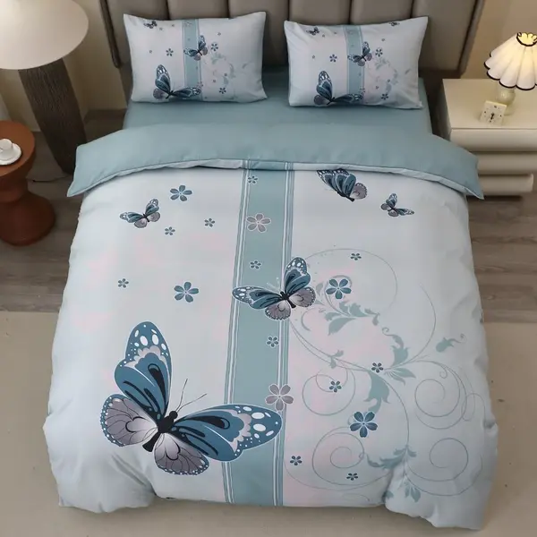 Lenjerie pat dublu, FINET, Imprimeu Digital 5D - Identic cu poza, Cu ELASTIC, 4 piese, Menta, Fluturi