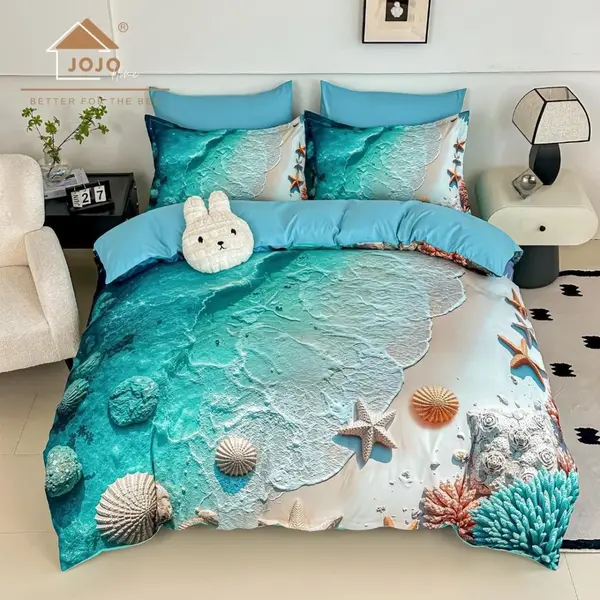 Lenjerie pat dublu, FINET, Imprimeu Digital 5D - Identic cu poza, Cu ELASTIC, 6 piese, Jojo Home, Bleu, Ocean