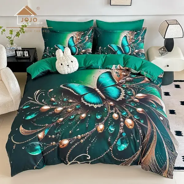 Lenjerie pat dublu, FINET, Imprimeu Digital 5D - Identic cu poza, Cu ELASTIC, 6 piese, Jojo Home, Verde, Fluture
