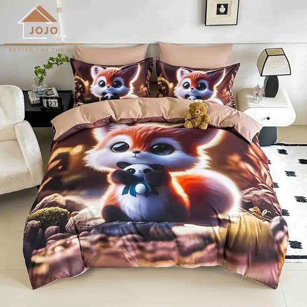 Lenjerie pat dublu, FINET, Imprimeu Digital 5D - Identic cu poza, Cu ELASTIC, 6 piese, Jojo Home, Maro, Veverita