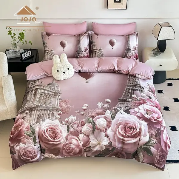 Lenjerie pat dublu, FINET, Imprimeu Digital 5D - Identic cu poza, Cu ELASTIC, 6 piese, Jojo Home, Roz, Trandafiri