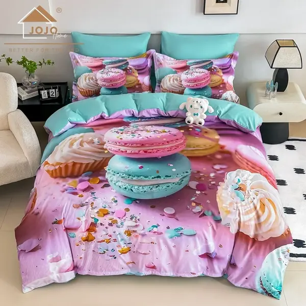 Lenjerie pat dublu, FINET, Imprimeu Digital 5D - Identic cu poza, Cu ELASTIC, 6 piese, Jojo Home, Roz, Bleu, Macarons