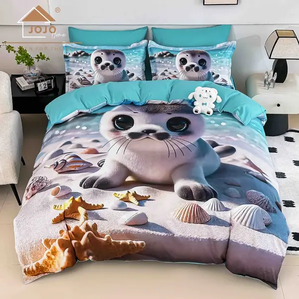 Lenjerie pat dublu, FINET, Imprimeu Digital 5D - Identic cu poza, Cu ELASTIC, 6 piese, Jojo Home, Bej, Bleu, Foca