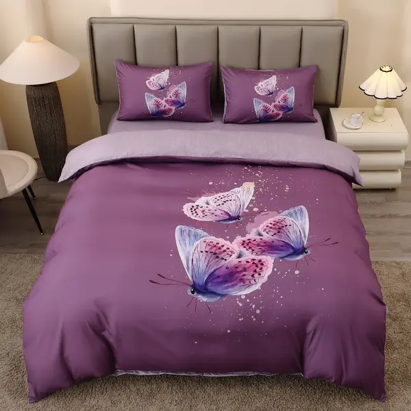 Lenjerie pat dublu, FINET, Imprimeu Digital 5D - Identic cu poza, Cu ELASTIC, 4 piese, Mov, Fluturi