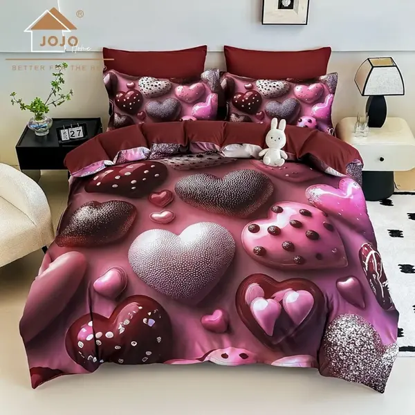 Lenjerie pat dublu, FINET, Imprimeu Digital 5D - Identic cu poza, Cu ELASTIC, 6 piese, Jojo Home, Grena, Bomboane de Ciocolata
