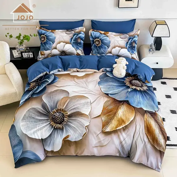 Lenjerie pat dublu, FINET, Imprimeu Digital 5D - Identic cu poza, Cu ELASTIC, 6 piese, Jojo Home, Crem, Albastru, Flori