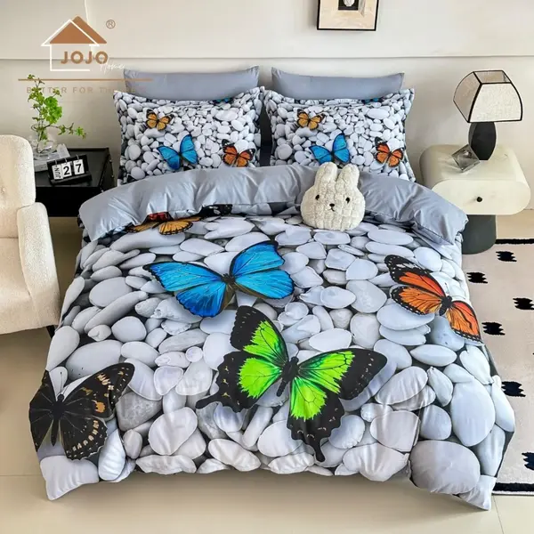 Lenjerie pat dublu, FINET, Imprimeu Digital 5D - Identic cu poza, Cu ELASTIC, 6 piese, Jojo Home, Gri, Fluturi pe Pietre