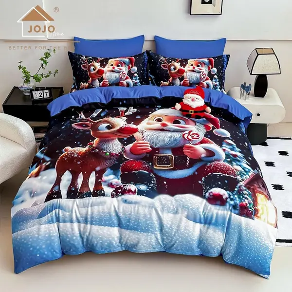 Lenjerie pat dublu, FINET, Imprimeu Digital 5D - Identic cu poza, Cu ELASTIC, 6 piese, Jojo Home, Bleumarin, Bleu, Mos Craciun si Rudolph