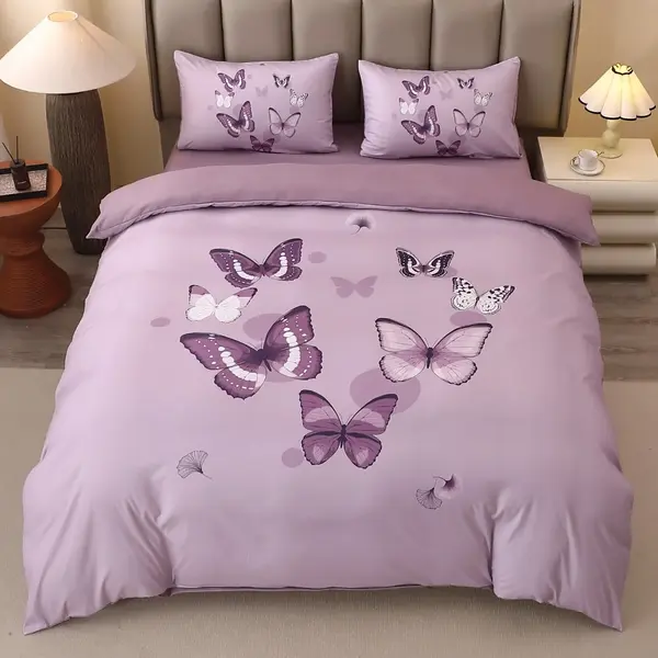 Lenjerie pat dublu, FINET, Imprimeu Digital 5D - Identic cu poza, Cu ELASTIC, 4 piese, Lila, Fluturi