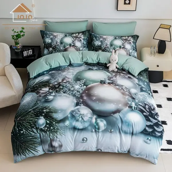 Lenjerie pat dublu, FINET, Imprimeu Digital 5D - Identic cu poza, Cu ELASTIC, 6 piese, Jojo Home, Gri, Verzui, Globulete