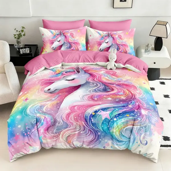 Lenjerie pat dublu, FINET, Imprimeu Digital 5D - Identic cu poza, Cu ELASTIC, 6 piese, Pucioasa, Roz, unicorn