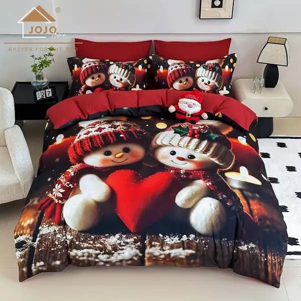 Lenjerie pat dublu, FINET, Imprimeu Digital 5D - Identic cu poza, Cu ELASTIC, 6 piese, Jojo Home, Rosu, Indragostiti