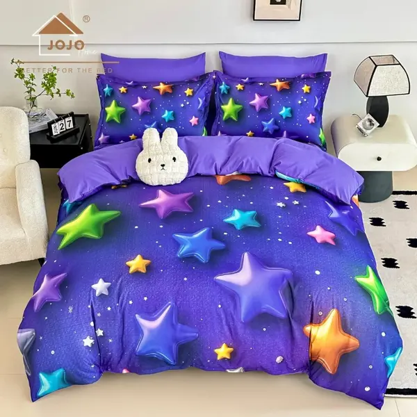Lenjerie pat dublu, FINET, Imprimeu Digital 5D - Identic cu poza, Cu ELASTIC, 6 piese, Jojo Home, Mov, Stelute