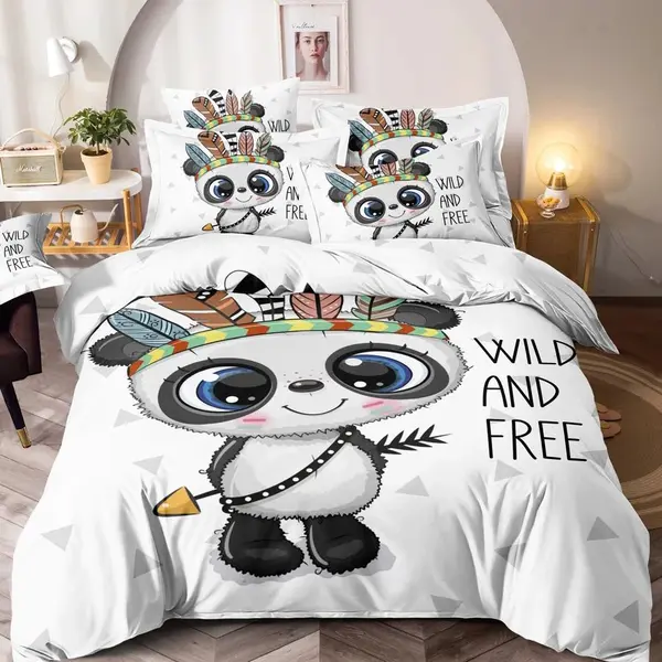 Lenjerie pat dublu, FINET, Imprimeu Digital - Identic cu poza, 6 piese, Jojo Home, Alb-Multicolor, ursulet