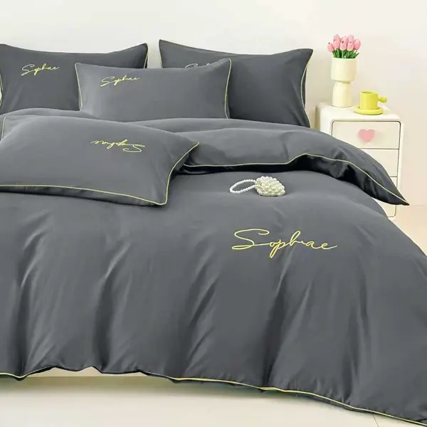 Lenjerie pat dublu, Finet Soft Touch cu Broderie, 6 piese, Gri