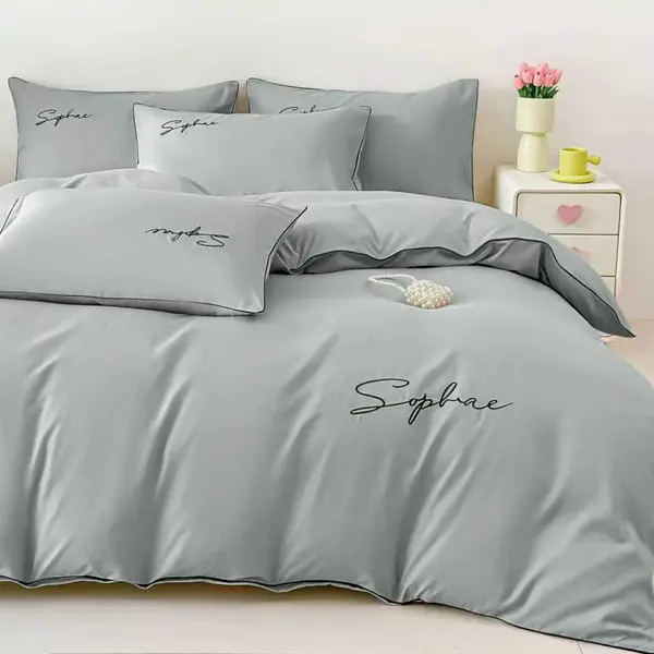 Lenjerie pat dublu, Finet Soft Touch cu Broderie, 6 piese, Gri