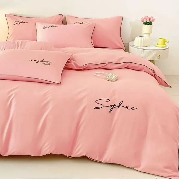 Lenjerie pat dublu, Finet Soft Touch cu Broderie, 6 piese, Roz