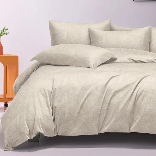 Lenjerie pat dublu, Finet tip Damasc cu Frunze, 6 piese, Crem