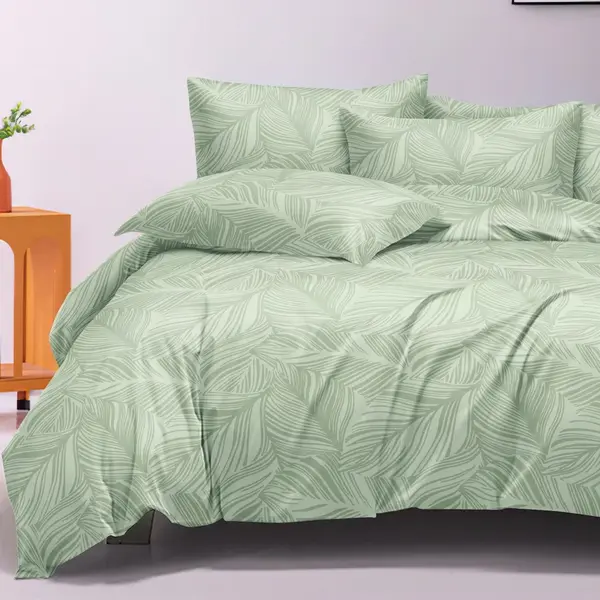Lenjerie pat dublu, Finet tip Damasc cu Frunze, 6 piese, Verde