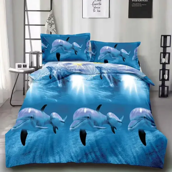 Lenjerie pat dublu imprimeu 3D - 3 Bucati 219 Lei - Bleu delfini