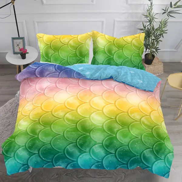 Lenjerie pat dublu imprimeu 3D Digital - 3 Bucati 219 Lei - Multicolor solzi