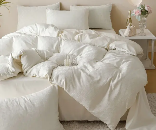 Lenjerie pat dublu, JACQUARD FINETAT, 6 piese, Jojo Home, Crem
