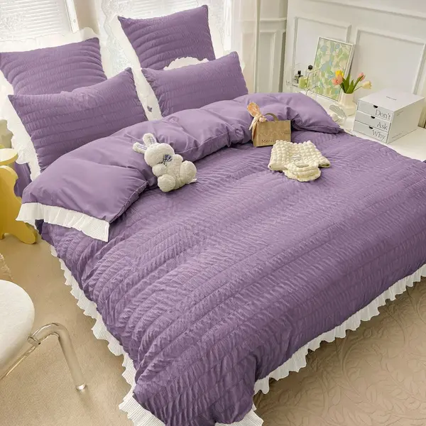 Lenjerie pat dublu, Soft Touch CREPONAT DELUXE, 6 piese, Jojo Home, Lila