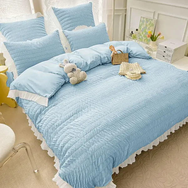 Lenjerie pat dublu, Soft Touch CREPONAT DELUXE, 6 piese, Jojo Home, Bleu