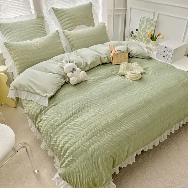 Lenjerie pat dublu, Soft Touch CREPONAT DELUXE, 6 piese, Jojo Home, Verde