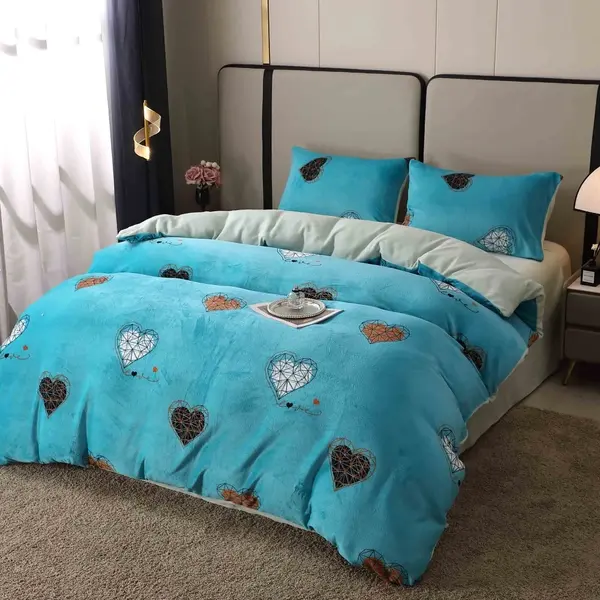 Lenjerie pat dublu, Super Pufoasa COCOLINO, 4 piese, Bleu, inimioare