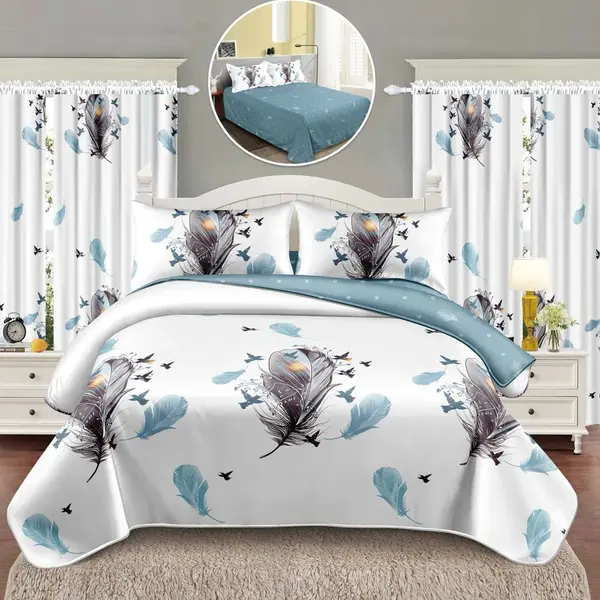 Lenjerie Pat Single, FINET, 6 piese, cu 2 DRAPERII INCLUSE, Alb, Bleu, pene
