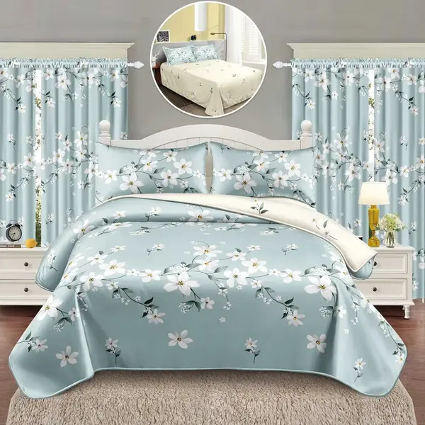 Lenjerie Pat Single, FINET, 6 piese, cu 2 DRAPERII INCLUSE, Bleu, flori
