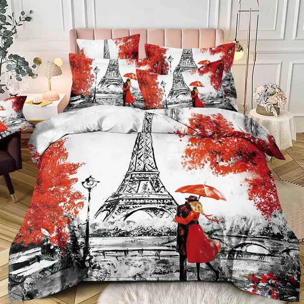 Lenjerie pat single, FINET, Imprimeu Digital - Identic cu poza, 4 piese, cu ELASTIC, Jojo Home, Alb-Multicolor, Turnul Eiffel, indragostiti