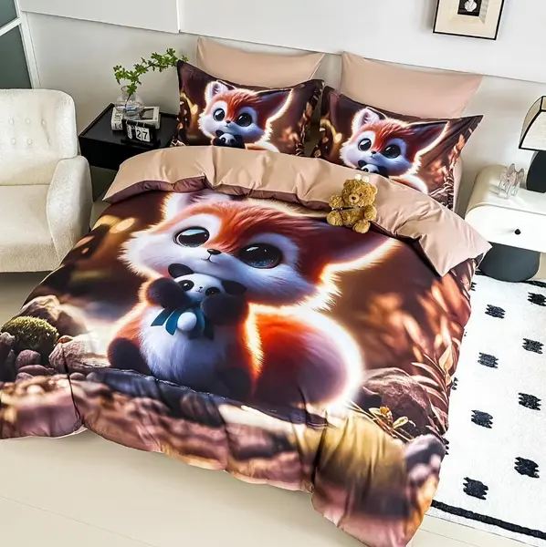 Lenjerie pat single, FINET, Imprimeu Digital - Identic cu poza, 4 piese, cu ELASTIC, Jojo Home, Bej, Multicolor, Veverita