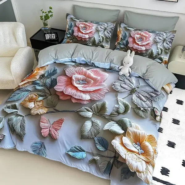 Lenjerie pat single, FINET, Imprimeu Digital - Identic cu poza, 4 piese, cu ELASTIC, Jojo Home, Gri, Flori Brodate