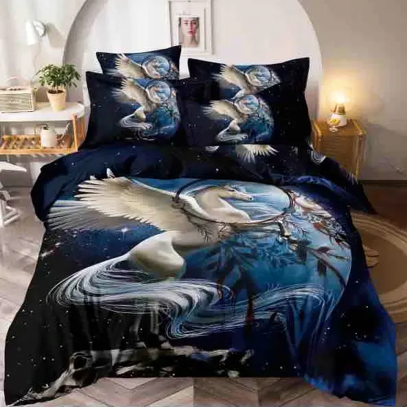 Lenjerie pat single, FINET, Imprimeu Digital - Identic cu poza, 4 piese, cu ELASTIC, Jojo Home, Alb-Bleumarin, unicorn