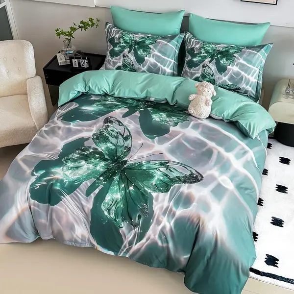 Lenjerie pat single, FINET, Imprimeu Digital - Identic cu poza, 4 piese, cu ELASTIC, Jojo Home, Aqua, Fluturi